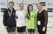 25 April 2014; Medallists in the Women's 100 meter Backstroke, from left, Tara Dunne, silver, Ballina Dolphins swimming club, Danielle Lowe, gold, Aer Lingus swimming club, and Emma Cassidy, bronze, Sunday's Well swimming club, with Sarah Keane, CEO of Swim Ireland, at the 2014 Irish Long Course National Championships. National Aquatic Centre, Abbotstown, Dublin. Photo by Sportsfile