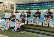 26 April 2014; Munster players, from left to right, Tommy O'Donnell, Peter O'Mahony, Paul O'Connell, James Coughlan, Sean Dougall, and James Cronin sit in the shade of the team bench during the Munster squad Captain's Run ahead of their Heineken Cup semi-final against Toulon on Sunday. Munster Squad Captain's Run, Stade Vélodrome, Marseille, France. Picture credit: Diarmuid Greene / SPORTSFILE