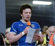 9 April 2014; Cavan captain Conor P. Moynagh reading his winners speech. Cadbury Ulster GAA Football U21 Championship Final, Cavan v Donegal, Athletic Grounds, Armagh. Picture credit: Oliver McVeigh / SPORTSFILE