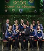 26 April 2014; Uachtarán Chumann Lúthchleas Gael Liam Ó Néill, front row centre, and Liam Ó Laochdha, back row left, Cathaoirleach, Coiste Náisiúnta Scór, with the Gleann Fleisce, Kerry, dancers who won the Figure Dancing competition during the All-Ireland Scór Sinsear Finals 2014, Royal Theatre and Event Centre, Old Westport Road, Castlebar, Co. Mayo. Picture credit: Piaras Ó Mídheach / SPORTSFILE