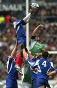 11 February 2006; Yannick Nyanga, France, wins a lineout ahead of Denis Leamy, Ireland. RBS 6 Nations 2006, France v Ireland, Stade de France, Paris, France. Picture credit; Brendan Moran / SPORTSFILE