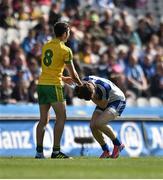 27 April 2014; Rory Kavanagh, Donegal, clashes with Darren Hughes, Monaghan, resulting in referee David Gough sending off the Donegal player. Allianz Football League Division 2 Final, Donegal v Monaghan, Croke Park, Dublin. Picture credit: David Maher / SPORTSFILE