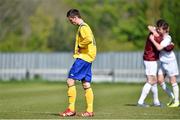 27 April 2014; A dejected Richard Kearney, Wexford Football League, after the game. FAI UMBRO Youth Inter League Cup Final, Wexford Football League v Galway & District League, Ferrycarrig Park, Wexford. Picture credit: Barry Cregg / SPORTSFILE