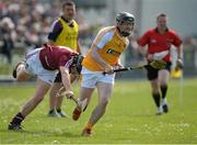 27 April 2014; Ciaran Clarke, Antrim, in action against Liam Varley, Westmeath. GAA All-Ireland Senior Hurling Championship Qualifier Group - Round 1, Antrim vWestmeath. Ballycastle, Co. Antrim Picture credit: Oliver McVeigh / SPORTSFILE
