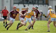 27 April 2014; Conor McCann, Antrim, in action against  Aonghus Clarke, Gary Greville and Robbie Graville Westmeath. GAA All-Ireland Senior Hurling Championship Qualifier Group - Round 1, Antrim vWestmeath. Ballycastle, Co. Antrim Picture credit: Oliver McVeigh / SPORTSFILE