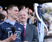 27 April 2014; Dublin captain Stephen Cluxton in jovial mood during the speech after the cup presentation. Allianz Football League Division 1 Final, Dublin v Derry, Croke Park, Dublin. Picture credit: Ray McManus / SPORTSFILE