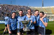 27 April 2014; Dublin right corner forward Alan Brogan jumps in to celebrate with Ballymun Kickhams players Davy Byrne, Philly McMahon, James McCarthy and Sean George after the game. Allianz Football League Division 1 Final, Dublin v Derry, Croke Park, Dublin. Picture credit: Ray McManus / SPORTSFILE