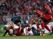 27 April 2014; Juan Smith, Toulon, is tackled by James Coughlan, left, and BJ Botha, right, Munster. Heineken Cup, Semi-Final, Toulon v Munster. Stade Vélodrome, Marseille, France. Picture credit: Stephen McCarthy / SPORTSFILE