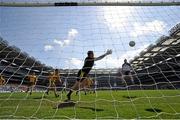 27 April 2014; Kieran Hughes, Monaghan, beats Donegal goalkeeper Paul Durcan to score his side's first goal. Allianz Football League Division 2 Final, Donegal v Monaghan, Croke Park, Dublin. Picture credit: David Maher / SPORTSFILE
