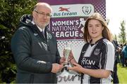 28 April 2014; Raheny United's Clare Shine, from Douglas, Cork, is presented with her Bus Éireann Women’s National League Player of the Month award for April by Fran Gavin, Director, Bus Éireann National Women's League. AUL Complex, Clonshaugh, Dublin. Photo by Sportsfile