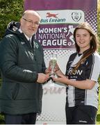28 April 2014; Raheny United's Clare Shine, from Douglas, Cork, is presented with her Bus Éireann Women’s National League Player of the Month award for April by Fran Gavin, Director, Bus Éireann National Women's League. AUL Complex, Clonshaugh, Dublin. Photo by Sportsfile
