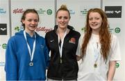 26 April 2014; Medallists in the Women's 100m Breaststroke, from left, Niamh Kilgallen, silver, Claremorris swimming club, Fiona Doyle, gold, Portmarnock swimming club, and Dearbhail McNamara, bronze, Westport swimming club, at the 2014 Irish Long Course National Championships. National Aquatic Centre, Abbotstown, Dublin. Photo by Sportsfile