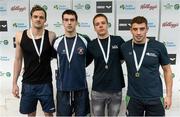 26 April 2014; Medallists in the Men's 100m Breaststroke, from left, Dan Sweeney, silver, Sunday's Well swimming club, Nicholas Quinn, gold, Castlebar swimming club, Paulius Grigaliunas, commemorative bronze, Lithuania, and Michael Dawson, bronze, Ards swimming club, at the 2014 Irish Long Course National Championships. National Aquatic Centre, Abbotstown, Dublin. Photo by Sportsfile