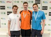 26 April 2014; Medallists in the Men's 400m Freestyle, from left, Andrew Meegan, silver, Aer Lingus swimming club, Brendan Hyland, gold, Tallaght swimming club, and Brendan Gibbons, bronze, Athlone swimming club, at the 2014 Irish Long Course National Championships. National Aquatic Centre, Abbotstown, Dublin. Photo by Sportsfile