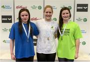 26 April 2014; Medallists in the Women's 200m Backstroke, from left, Laoise Fleming, silver, Kells swimming club, Danielle Lowe, gold, Aer Lingus swimming club, and Emma Cassidy, bronze, Sunday's Well swimming club, at the 2014 Irish Long Course National Championships. National Aquatic Centre, Abbotstown, Dublin. Photo by Sportsfile