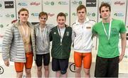 26 April 2014; Medallists in the Men's 200m Backstroke, from left, Eimantas Milius, commemorative silver, Lithuania, Benjamin Doyle, silver, Aer Lingus swimming club, Bryan O'Sullivan, gold, Galway swimming club, Danas Rapsys, commemorative gold, Lithuania, and Rory McEvoy bronze,  Ennis swimming club, at the 2014 Irish Long Course National Championships. National Aquatic Centre, Abbotstown, Dublin. Photo by Sportsfile