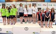 26 April 2014; Medallists in the Women's 4x100m MTR, from left, Sunday's Well swimming club, silver, Aer Lingus swimming club, gold, and Glenalbyn swimming club, bronze, at the 2014 Irish Long Course National Championships. National Aquatic Centre, Abbotstown, Dublin. Photo by Sportsfile