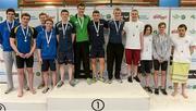 26 April 2014; Medallists in the Men's 4x100m MTR, from left, Bangor swimming club, silver, Ards swimming club, gold, and Aer Lingus swimming club, bronze, at the 2014 Irish Long Course National Championships. National Aquatic Centre, Abbotstown, Dublin. Photo by Sportsfile