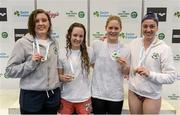 26 April 2014; Gold Medallists in the Women's 4x100m MTR, Aer Lingus swimming club, from left, Niamh Morgan, Ali Berry, Danielle Lowe, and Melanie Houghton, at the 2014 Irish Long Course National Championships. National Aquatic Centre, Abbotstown, Dublin. Photo by Sportsfile