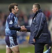 12 February 2006; Dublin manager Paul Caffrey shakes hands with Bryan Cullen as he is substituted. Allianz National Football League, Division 1A, Round 2, Dublin v Monaghan, Parnell Park, Dublin. Picture credit: Brian Lawless / SPORTSFILE