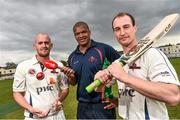 28 April 2014; Northern Knights' Chris Dougherty, right, and James Cameron-Dow, left, with coach Eugene Mdeon in attendance at the announcement of Newstalk FM as the new sponsor for Cricket Ireland Inter-Provincial. Leinster Cricket Club, Observatory Lane, Rathmines, Dublin. Picture credit: David Maher / SPORTSFILE