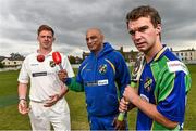 28 April 2014; Northwest Warriors' Craig Young, left, and Andy McBrine, right, with coach Bobby Rao in attendance at the announcement of Newstalk FM as the new sponsor for Cricket Ireland Inter-Provincial. Leinster Cricket Club, Observatory Lane, Rathmines, Dublin. Picture credit: David Maher / SPORTSFILE