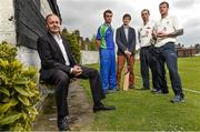 28 April 2014; Warren Deutrom, left, Chief Executive Officer of Cricket Ireland, with, from left, Andy McBrine, Northwest Warriors, Newstalk presenter Diarmuid Lyng, Chris Dougherty, Northern Knights, and John Mooney, Leinster Lighting, in attendance at the announcement of Newstalk FM as the new sponsor for Cricket Ireland Inter-Provincial. Leinster Cricket Club, Observatory Lane, Rathmines, Dublin. Picture credit: David Maher / SPORTSFILE