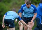 28 April 2014; Leinster's Gordon D'Arcy, left, and Jack McGrath in action during squad training ahead of their Celtic League 2013/14, Round 21, game against Ulster on Friday. Leinster Rugby Squad Training, Rosemount, UCD, Belfield, Dublin. Picture credit: Ramsey Cardy / SPORTSFILE