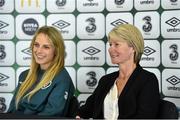 28 April 2014; Republic of Ireland Senior Women's team  manager Sue Ronan with Julie Ann Russell during a press conference ahead of their FIFA Women's World Cup Qualifier game against Russia on Wednesday the 7th of May. Republic of Ireland Women's Squad Press Conference, Tallaght Stadium, Tallaght, Dublin. Picture credit: David Maher / SPORTSFILE