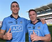 27 April 2014; James McCarthy, left and Davy Byrne, Dublin, celebrate at the end of the game. Allianz Football League Division 1 Final, Dublin v Derry, Croke Park, Dublin. Picture credit: David Maher / SPORTSFILE