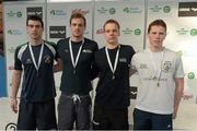 27 April 2014; Medallists in the Men's 200m Breaststroke, from left, Nicholas Quinn, silver, Castlebar swimming club, Dan Sweeney, gold, Sunday's Well swimming club, and Paulius Grigaliunas, commemorative bronze, Lithuania, and Andrew Moore, bronze, Galway swimming club, at the 2014 Irish Long Course National Championships. National Aquatic Centre, Abbotstown, Dublin. Photo by Sportsfile