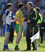 27 April 2014; Donegal manager Jim McGuinness speaks with Mark McHugh as Monaghan's Dessie Mone looks on. Allianz Football League Division 2 Final, Donegal v Monaghan, Croke Park, Dublin. Picture credit: David Maher / SPORTSFILE