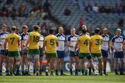 27 April 2014; Players from both sides shake hands with each other before the start of the game. Allianz Football League Division 2 Final, Donegal v Monaghan, Croke Park, Dublin. Picture credit: David Maher / SPORTSFILE