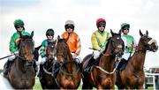 29 April 2014; Runners and riders from left, Bailey Green, with David Casey up, Module, with Barry Geragthy up, Twinlight, with Ruby Walsh up, Sizing Europe, with Andrew Lynch up, and Hidden Cyclone, with Andrew McNamara up, preparing for the start of the Boylesports.com Champion Steeplechase. Punchestown Racecourse, Punchestown, Co. Kildare. Picture credit: Barry Cregg / SPORTSFILE