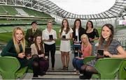 30 April 2014; Winners of the Bus Eireann Women's National League Team of the Year for the 2013-14 season, from left, Julie Ann Russell, Peamount United, Sinead Taylor, Galway, Niamh Reid, Raheny United, Lynsey McKey, Galway, Emma Hansberry, Castlebar Celtic, Jessica Glesson, Wexford Youths Women, Stephanie Roche, Peamount United, Aine O'Gorman, Peamount United, and Ciara Grant, Raheny United. Bus Eireann Women’s National League Awards, Aviva Stadium, Lansdowne Road, Dublin. Picture credit: David Maher / SPORTSFILE