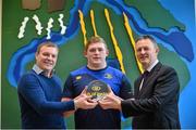 1 May 2014; Bank of Ireland Leinster Player of the Month for February / March Tadhg Furlong receives his award from Paddy Power and Brian Harman, Branch Manager at Bank of Ireland Montrose, right. Tadhg was voted as the winner by Leinster supporters on Twitter from a shortlist selected by the Leinster team management which also included Darragh Fanning and Noel Reid. Voting for the April award, between Jamie Heaslip, Noel Reid and Cian Healy, is now open via @bankofireland twitter using #boirugby. Paddy Power said, &quot;Our partnership with Bank Of Ireland @ Work quite simply makes our employees’ lives easier.  Their onsite presence and dedicated website helps make Paddy Power a great place to work!&quot;. Leinster Rugby HQ, UCD, Belfield, Dublin. Picture credit: Stephen McCarthy / SPORTSFILE