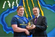 1 May 2014; Bank of Ireland Leinster Player of the Month for February / March Tadhg Furlong receives his award from Brian Harman, Branch Manager at Bank of Ireland Montrose. Tadhg was voted as the winner by Leinster supporters on Twitter from a shortlist selected by the Leinster team management which also included Darragh Fanning and Noel Reid. Voting for the April award, between Jamie Heaslip, Noel Reid and Cian Healy, is now open via @bankofireland twitter using #boirugby. Paddy Power said, &quot;Our partnership with Bank Of Ireland @ Work quite simply makes our employees’ lives easier.  Their onsite presence and dedicated website helps make Paddy Power a great place to work!&quot;. Leinster Rugby HQ, UCD, Belfield, Dublin. Picture credit: Stephen McCarthy / SPORTSFILE
