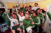 20 May 1999; The Bray Wanderers team celebrate in the dressing room following the FAI Cup Final Second Replay match between Finn Harps and Bray Wanderers at Tolka Park in Dublin. Photo by David Maher/Sportsfile