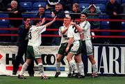 20 May 1999; Jason Byrne celebrates scoring his and his side's second goal with Bray Wanderers team-mates during the FAI Cup Final Second Replay match between Finn Harps and Bray Wanderers at Tolka Park in Dublin. Photo by David Maher/Sportsfile
