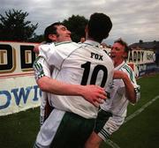20 May 1999; Jason Byrne celebrates scoring his and his side's second goal, with Bray Wanderers team-mates Stephen Fox, 10, and Ciaran O'Brien, right, during the FAI Cup Final Second Replay match between Finn Harps and Bray Wanderers at Tolka Park in Dublin. Photo by Matt Browne/Sportsfile