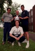 28 May 1999; A benefit night for former Irish International soccer star Dave Langan, who is now registered as disabled in the UK as a result of injuries picked up while playing for the Republic of Ireland, will be held at Cherry Orchard Football Club in Ballyfermot, Dublin on Monday, June 14th. Pictured are Alan Maubury, front, who makes his debut for the Republic of Ireland senior team against Northern Ireland at Lansdowne Road, Stephen Carr, left, and Captain Niall Quinn. Photo by Brendan Moran/Sportsfile