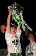 20 May 1999; Jason Byrne of Bray Wanderers lifts the cup following the FAI Cup Final Second Replay match between Finn Harps and Bray Wanderers at Tolka Park in Dublin. Photo by Matt Browne/Sportsfile