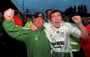 20 May 1999; Bray Wanderers manager Pat Devlin, left, and goalscorer Jason Byrne celebrate following the FAI Cup Final Second Replay match between Finn Harps and Bray Wanderers at Tolka Park in Dublin. Photo by David Maher/Sportsfile
