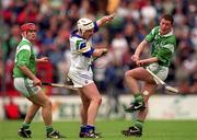 30 May 1999; Ciaran Carey, right, supported by Limerick team-mate TJ Ryan in action against Fergal Hartley of Waterford during the Guinness Munster Senior Hurling Championship quarter-final match between Limerick and Waterford at Páirc Uí Chaoimh in Cork. Photo by Ray McManus/Sportsfile