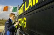 19 February 2006; Darren Walsh a member of the Dungarvan ground prepares the scoreboard before the start of the game. Allianz National Hurling League, Division 1A, Round 1, Waterford v Wexford, Dungarvan, Co. Waterford. Picture credit: Matt Browne / SPORTSFILE