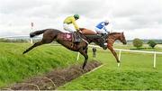 1 May 2014; Jacks Island, 9, with Ger Fox up, jumps Roby's Double on their way to winning the Avon Ri Corporate & Leisure Resort Steeplechase from Chestnut Friar, with Shane Hassett up. Punchestown Racecourse, Punchestown, Co. Kildare. Picture credit: Matt Browne / SPORTSFILE