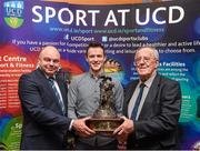 1 May 2014; Darren Doherty, centre, UCD Karate Club, is presented with the Gerry Horkan Club Administrator of the Year award by Professor Andrew Deeks, left, President of UCD, and Gerry Horkan during the UCD Sports Awards 2013/2014. Astra Hall, UCD, Belfield, Dublin. Picture credit: Stephen McCarthy / SPORTSFILE