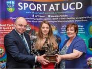 1 May 2014; Shauna O'Brien, centre, UCD Swimming Club, is presented with the Dr. Tony O'Neill Sports Person of the Year award by Professor Andrew Deeks, left, President of UCD, and Mrs. Marjorie Fitzpatrick, sister of Dr. Tony O'Neill, during the UCD Sports Awards 2013/2014. Astra Hall, UCD, Belfield, Dublin. Picture credit: Stephen McCarthy / SPORTSFILE