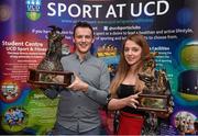 1 May 2014; Shauna O'Brien, UCD Swimming Club, with the Dr. Tony O'Neill Sports Person of the Year award and Darren Doherty, UCD Karate Club, with the Gerry Horkan Club Administrator of the Year award during the UCD Sports Awards 2013/2014. Astra Hall, UCD, Belfield, Dublin. Picture credit: Stephen McCarthy / SPORTSFILE