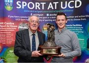1 May 2014; Darren Doherty, UCD Karate Club, is presented with the Gerry Horkan Club Administrator of the Year award by Gerry Horkan during the UCD Sports Awards 2013/2014. Astra Hall, UCD, Belfield, Dublin. Picture credit: Stephen McCarthy / SPORTSFILE